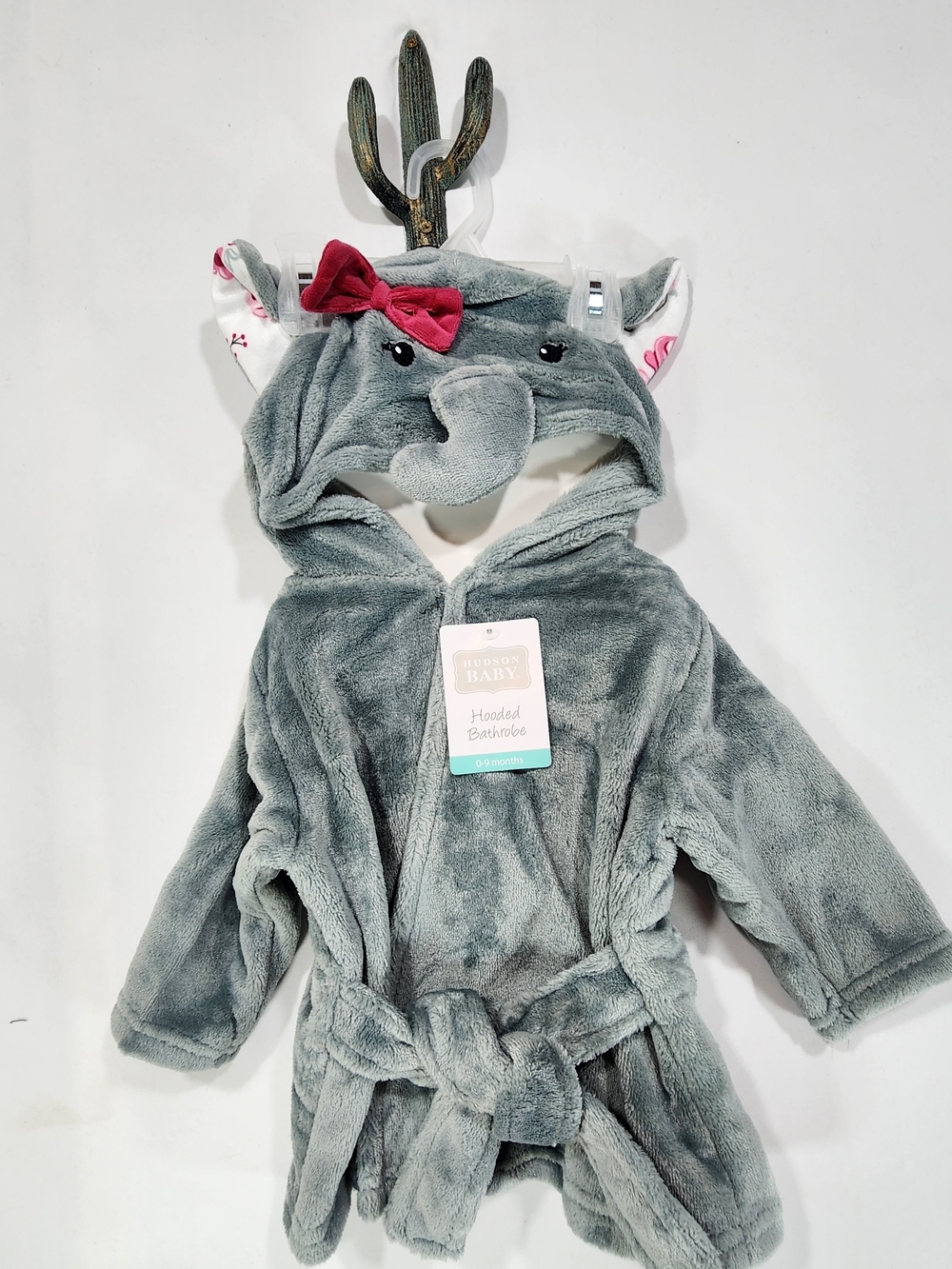 Hudson Baby Hooded Plush Bathrobe Size 0-9 Months - Gray Elephant NWT